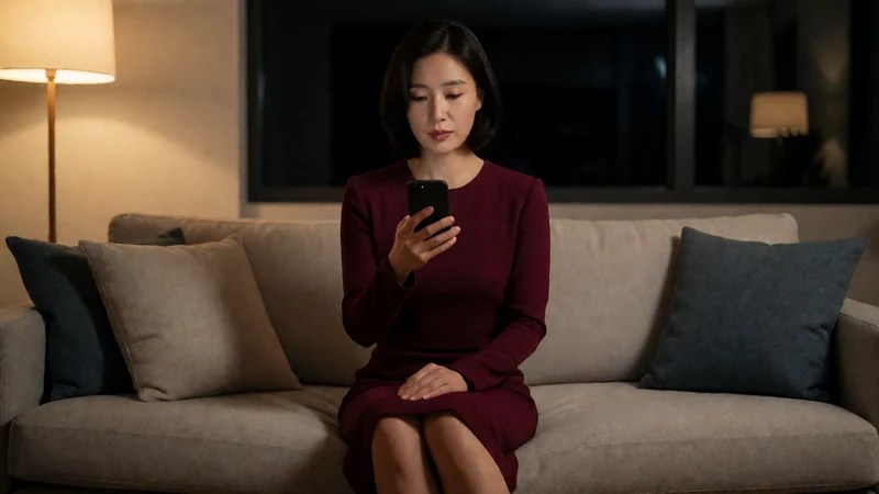 海角社区少妇故事话题图：虚构成年少妇穿酒红连衣裙坐在客厅读手机消息