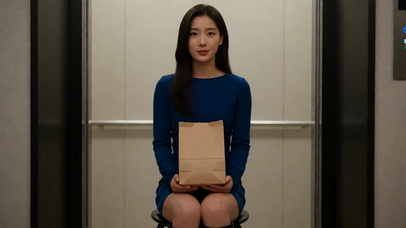 海角社区短片人物话题图：虚构成年女子穿深蓝短裙站在夜间电梯口